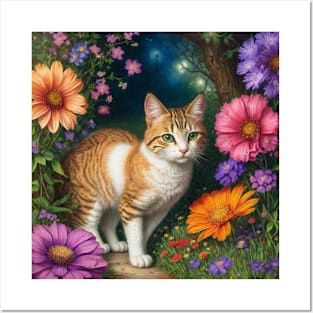 Cat and flowers Posters and Art